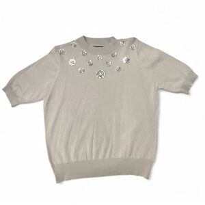 Grey Knit Short Sleeve Sweater with Silver Sequin Floral Embellishmen